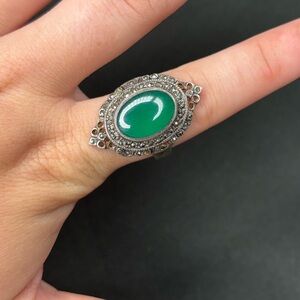 Vintage Green Onyx Marcasite 925 Silver Ring